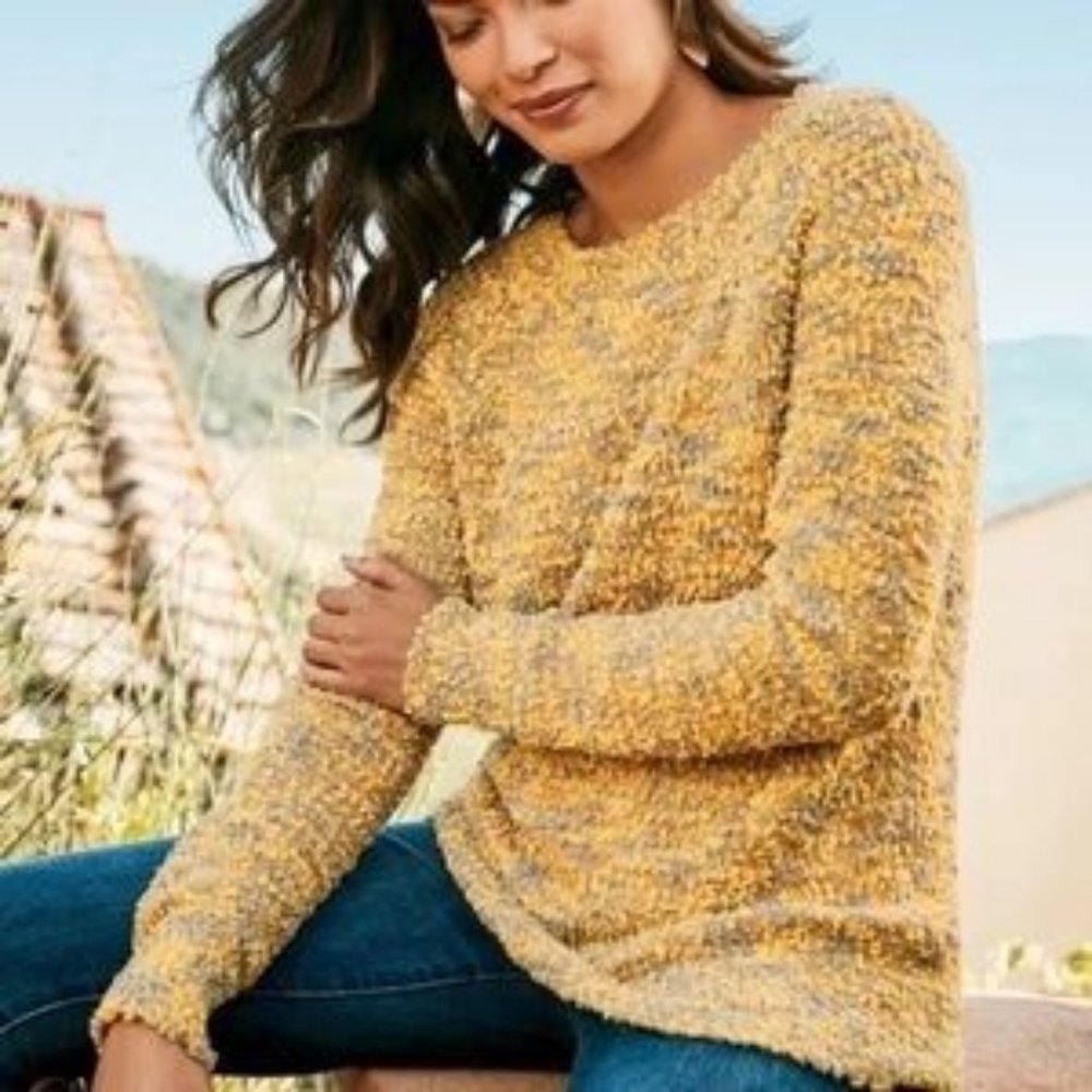 Soft Surroundings Yellow Grey Boucle Tunic Sweater Sz Med Oversized Top Women's